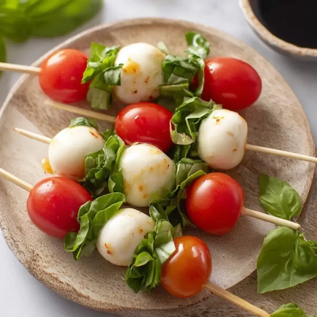 Close-up of three mini Caprese skewers arranged on a wooden plate, featuring cherry tomatoes, fresh basil leaves, and seasoned mozzarella balls (bocconcini), drizzled lightly with olive oil and spices.