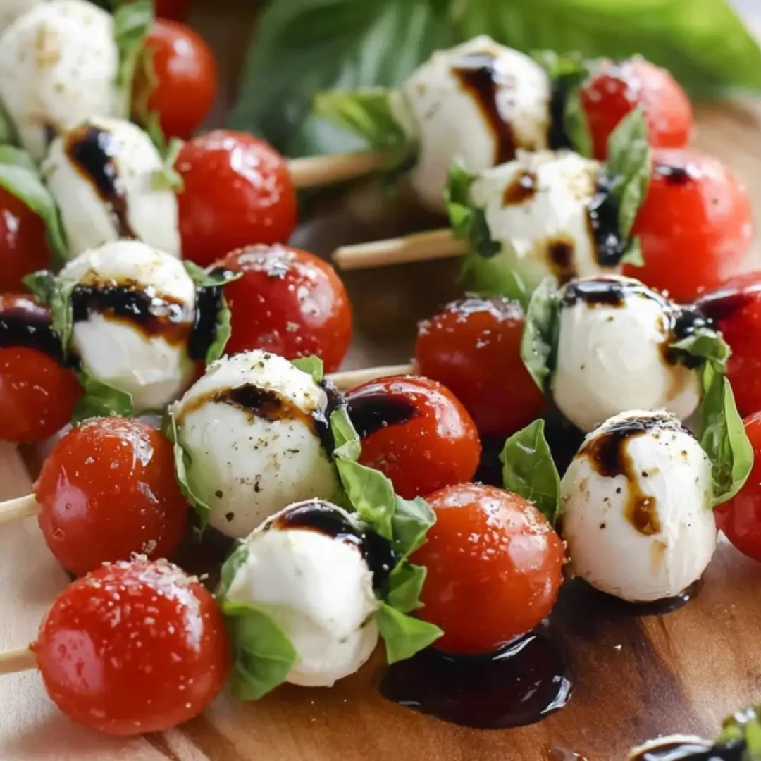 Close-up of Mini Caprese Skewers drizzled with balsamic glaze, featuring cherry tomatoes, fresh mozzarella balls (bocconcini), and basil leaves on wooden toothpicks.