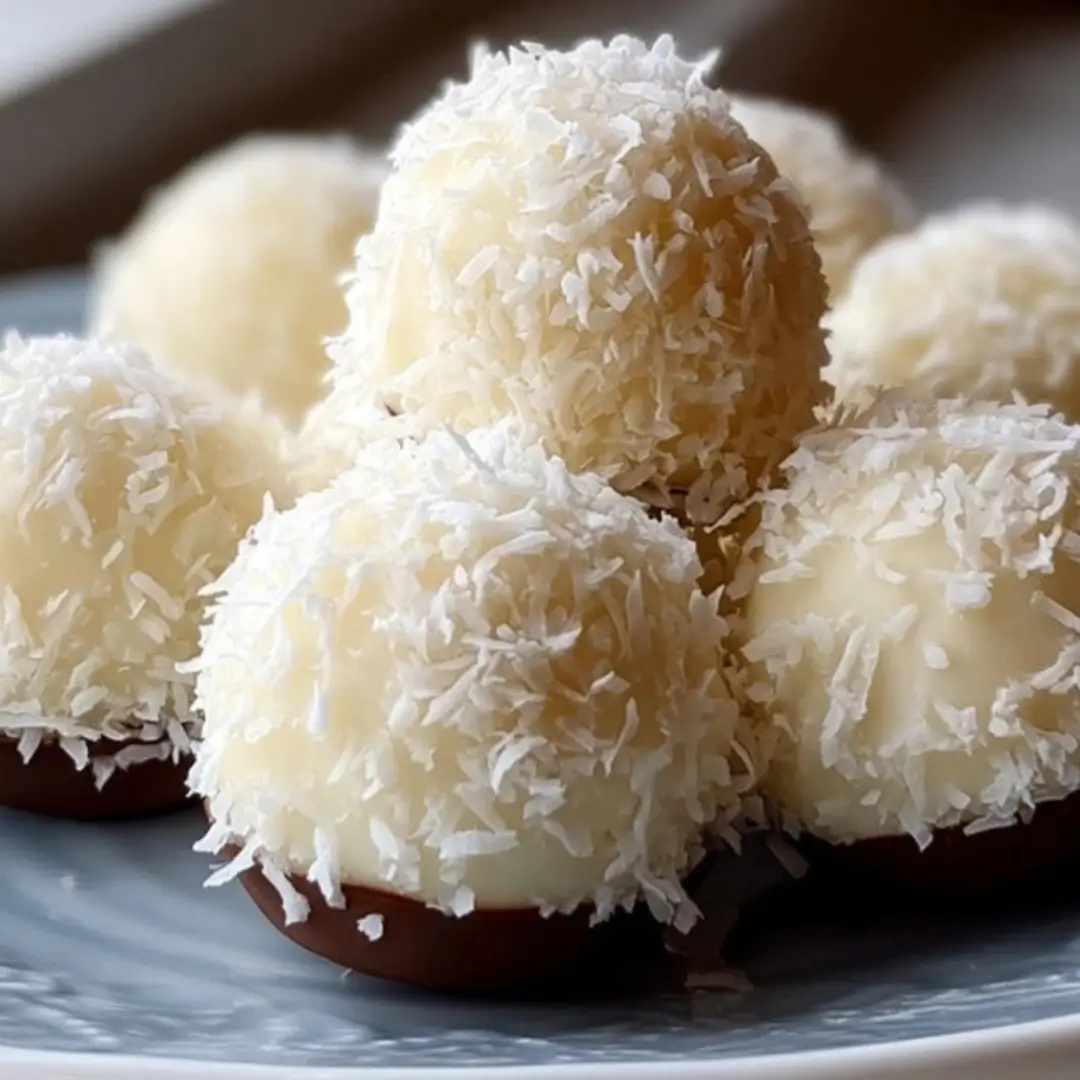 Close-up of homemade No Bake Coconut Cream Balls rolled in shredded coconut, resting on a dark chocolate base on a blue plate.