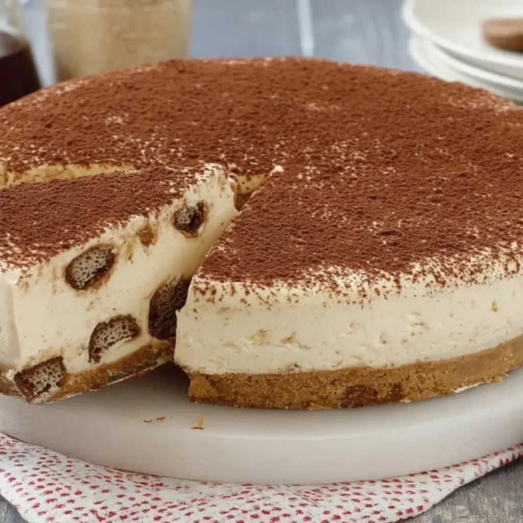 No-bake tiramisu cheesecake with a ladyfinger cookie crust, topped with a thick dusting of cocoa powder and instant coffee powder. A slice has been removed, revealing the creamy filling and coffee-soaked ladyfinger pieces inside.