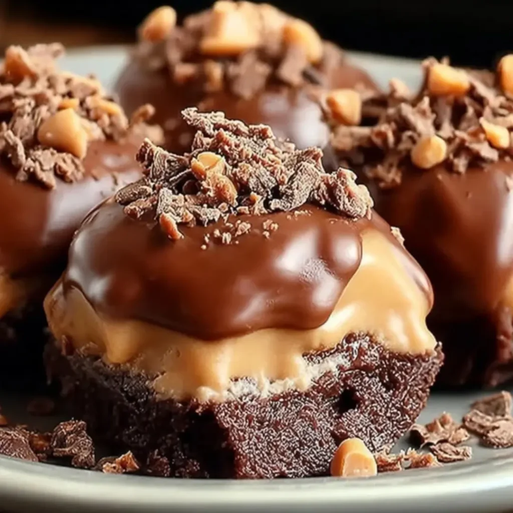 Close-up of a rich, layered chocolate dessert bite. A dark brownie or truffle base is topped with a smooth peanut butter or caramel layer, finished with a melted chocolate ganache and chocolate shavings/toffee bits.