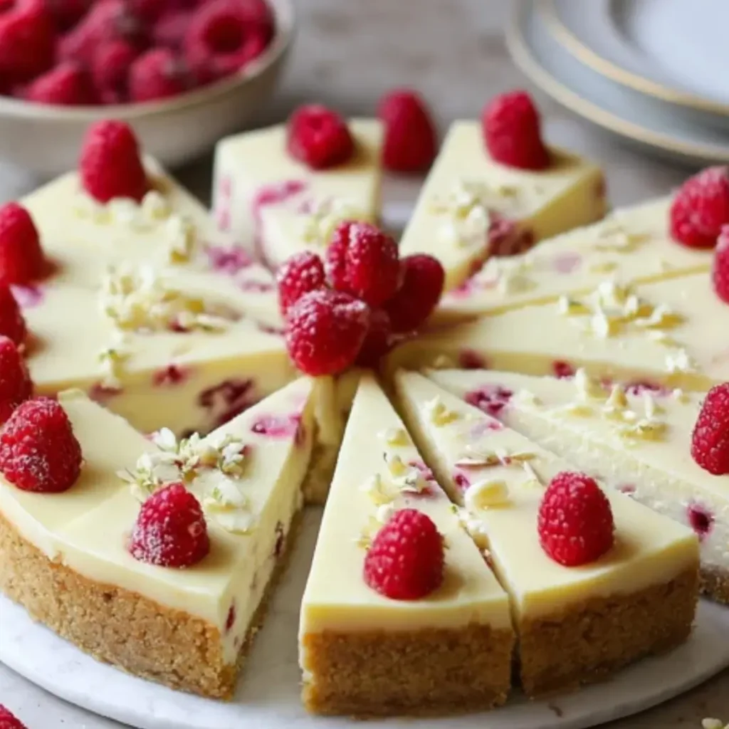 A creamy no bake raspberry cheesecake topped with fresh raspberries and white chocolate shavings on a biscuit crust, sliced and ready to serve.