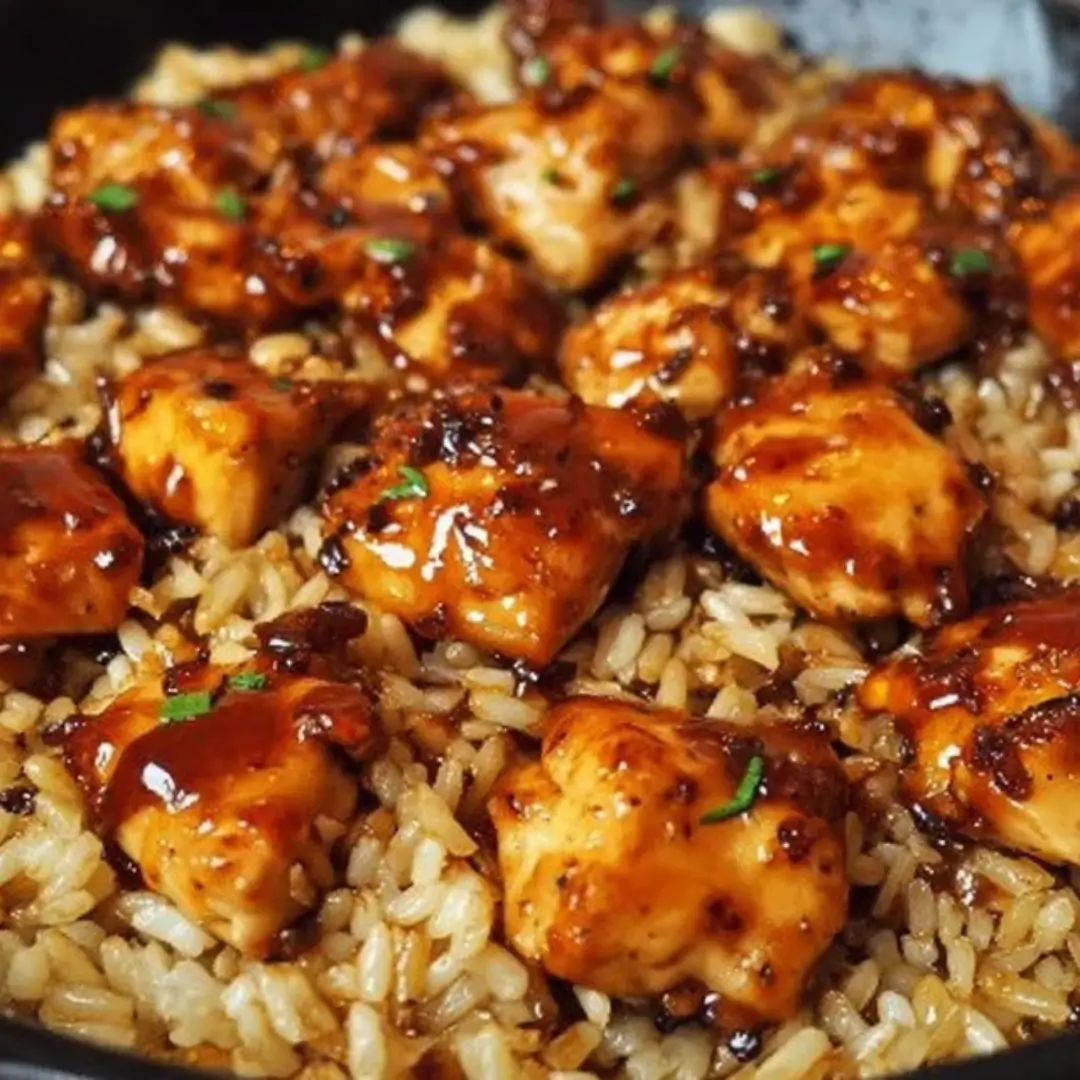 Pieces of bite-sized chicken coated in a thick, glossy honey BBQ sauce, nestled on a bed of fluffy, savory long-grain rice. The dish is garnished with a sprinkle of fresh green herbs.