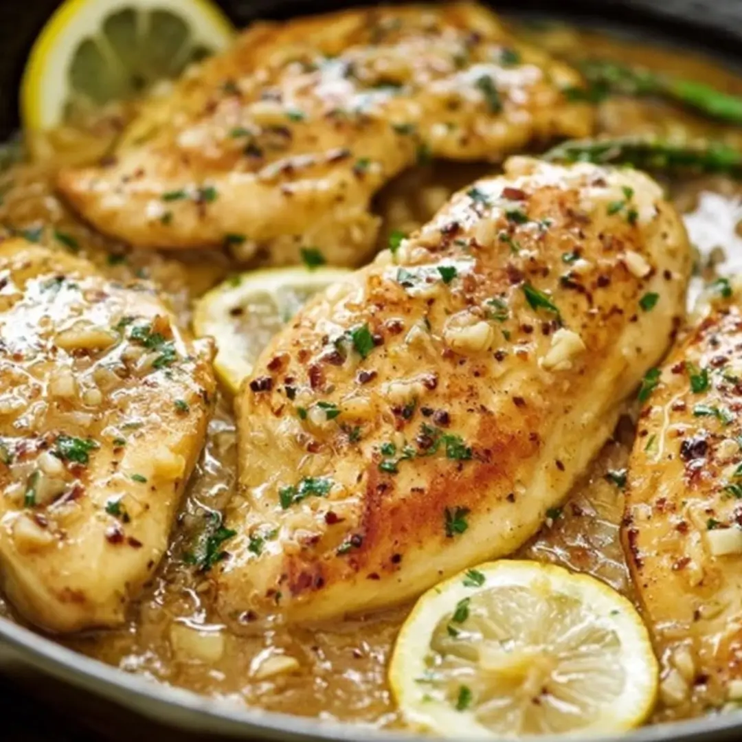 Seared boneless chicken breasts simmering in a rich lemon garlic sauce with herbs and lemon slices in a black skillet.