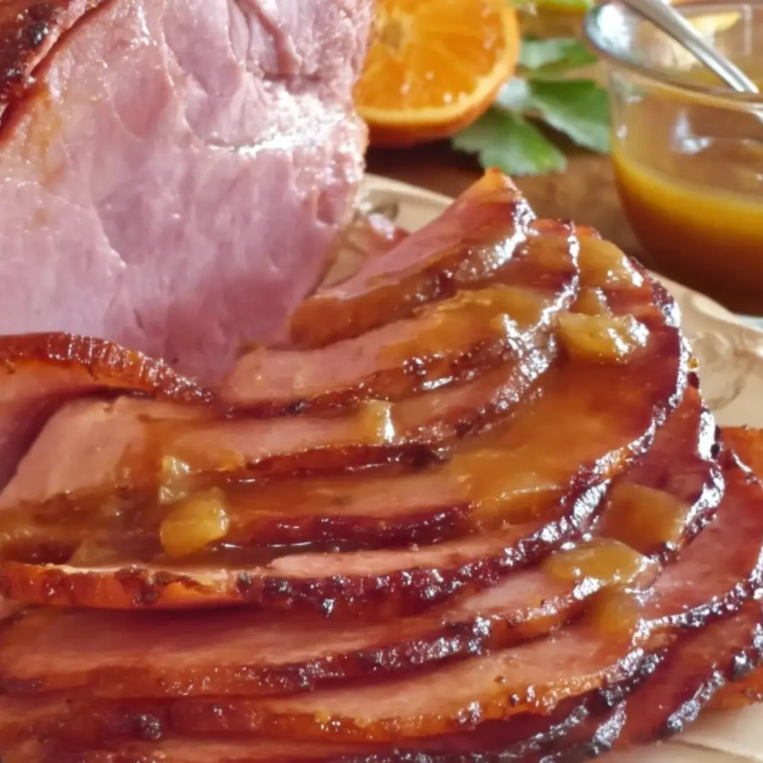 Slices of caramelized, plant-based ham roast drizzled with a rich orange pineapple Dijon glaze, served on a platter.