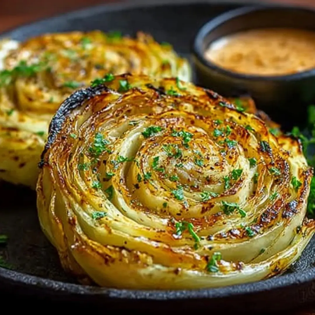 Close-up of golden-brown oven-roasted garlic cabbage steaks, showing caramelized edges and layers of cabbage, sprinkled with fresh green parsley. A small dish of creamy sauce is in the background.