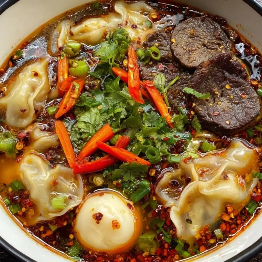 A steaming bowl of oxtail dumpling soup with tender meat, fluffy dumplings, fresh cilantro, sliced green onions, and red chili flakes in a rich, savory broth.