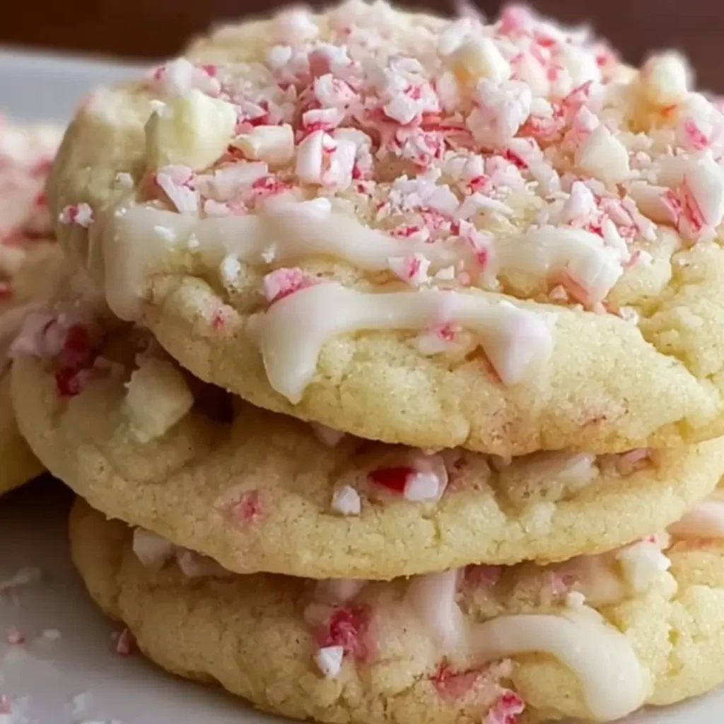 Stack of three soft, white chocolate-drizzled peppermint cheesecake cookies topped with bright red and white crushed candy canes.