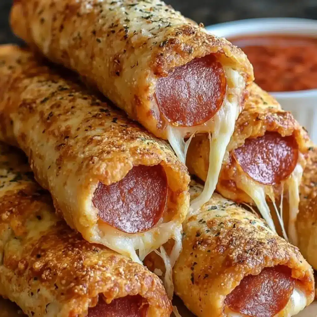 Stack of golden brown, twisted pizza roll breadsticks stuffed with melting mozzarella cheese and visible slices of pepperoni, served with a side of marinara sauce.