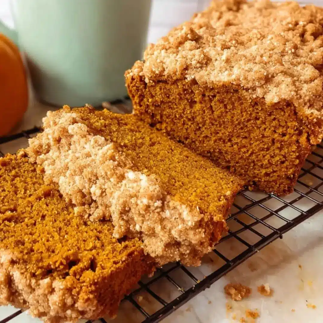 A sliced loaf of ultra-moist pumpkin bread topped with a thick, golden cinnamon crumble, resting on a black cooling rack with crumbs nearby.