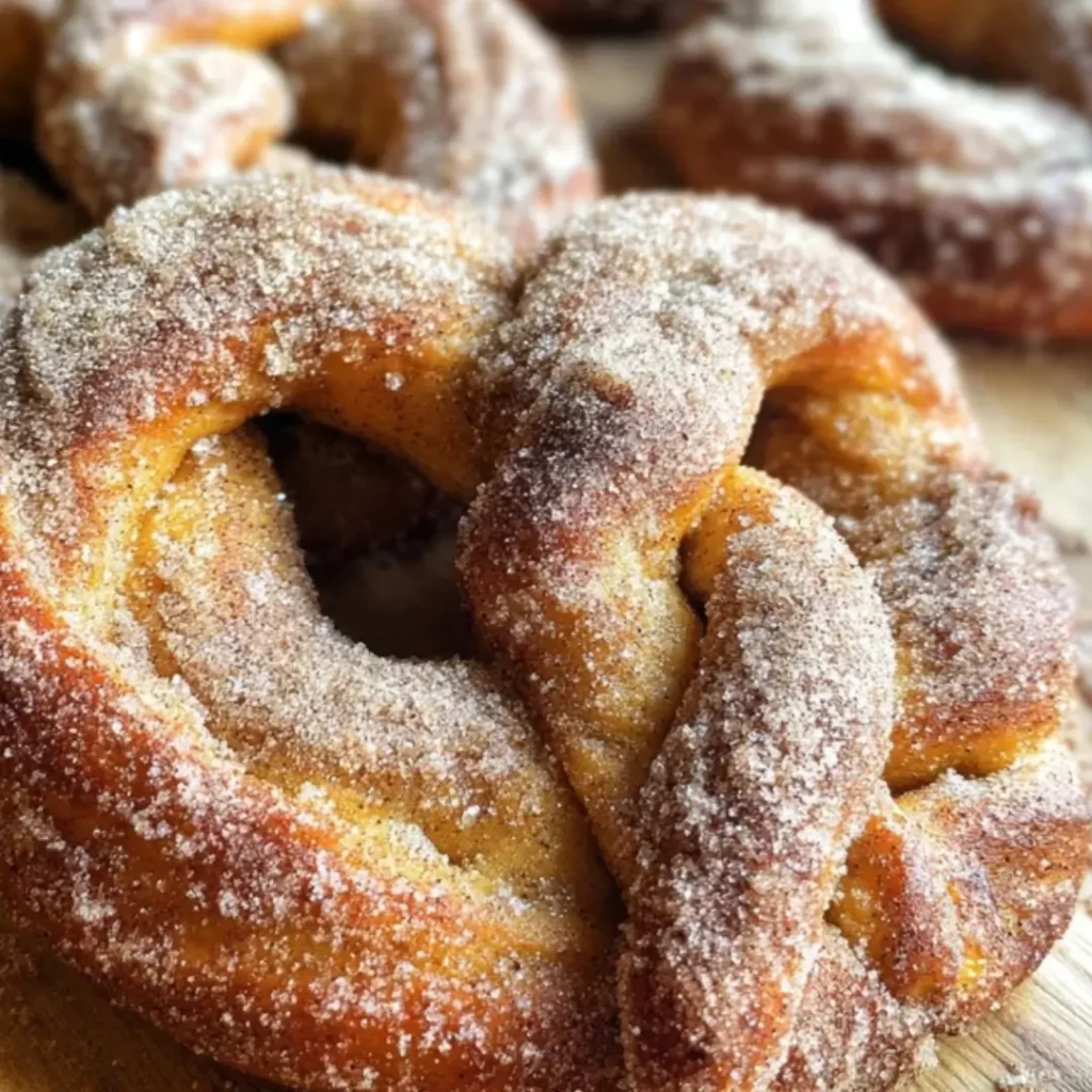 Close-up of a warm, golden-brown soft pretzel twisted into a classic shape and generously coated with cinnamon sugar. The dough has a visible pumpkin-colored tint.