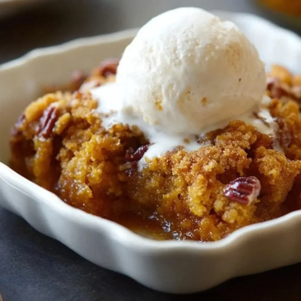 Warm pumpkin pecan cobbler served in a white dish topped with melting vanilla ice cream and sweet, gooey sauce.