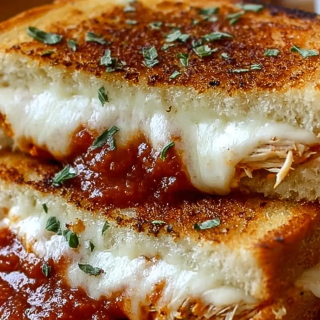 Close-up of a golden-brown grilled cheese sandwich sliced in half, revealing melted mozzarella cheese, shredded chicken, and marinara sauce oozing out, garnished with fresh herbs.
