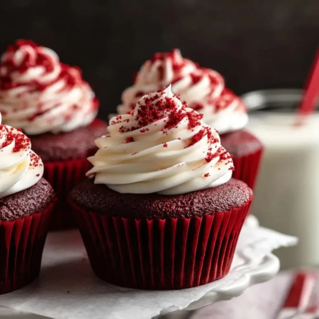 Red Velvet Cupcakes with swirls of cream cheese frosting and a sprinkle of red crumbs, served on a white platter.