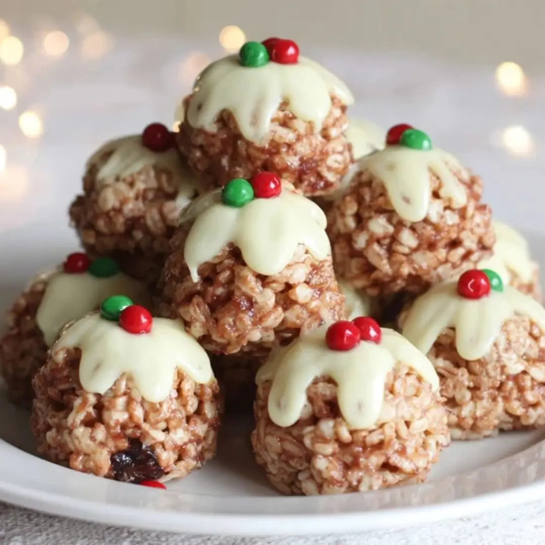 A stack of no-bake Rice Krispie Christmas Puddings, made from chocolate cereal and topped with white chocolate icing, red and green candy sprinkles, set against a festive, bokeh background.