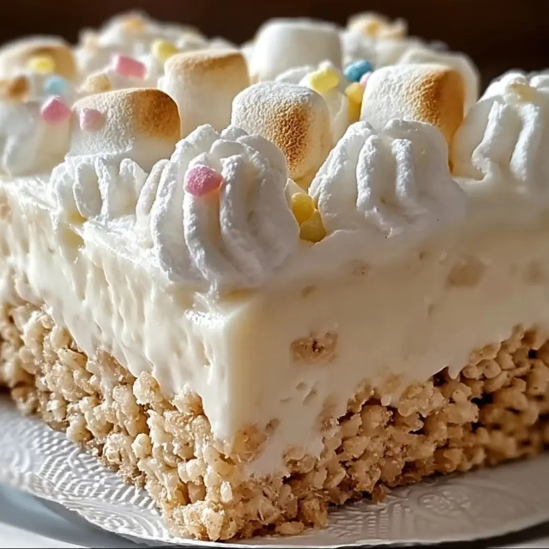 Close-up slice of no-bake Rice Krispie Treat Cheesecake showing the thick, crunchy cereal crust base and the smooth, fluffy white cheesecake filling, topped with piped whipped cream, toasted marshmallows, and colorful sprinkles.