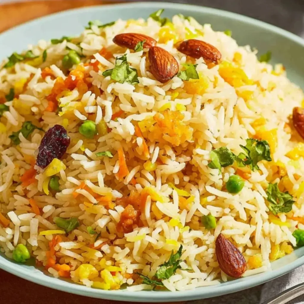 Fluffy, fragrant Rice Pilaf garnished with bright green peas, toasted slivered almonds, and fresh parsley, served in a light blue bowl.