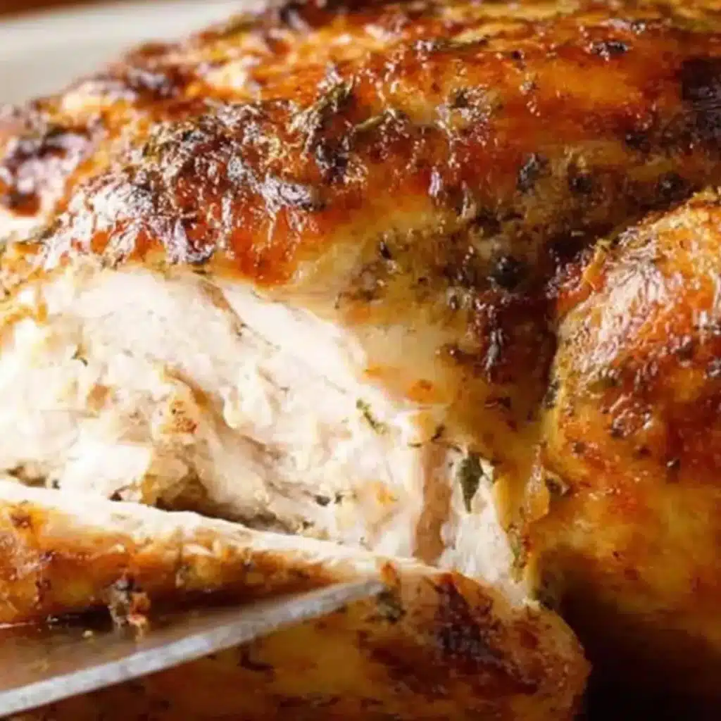 A close-up view of a perfectly roasted whole chicken being carved, showing the crispy, golden-brown herb skin and juicy white meat.