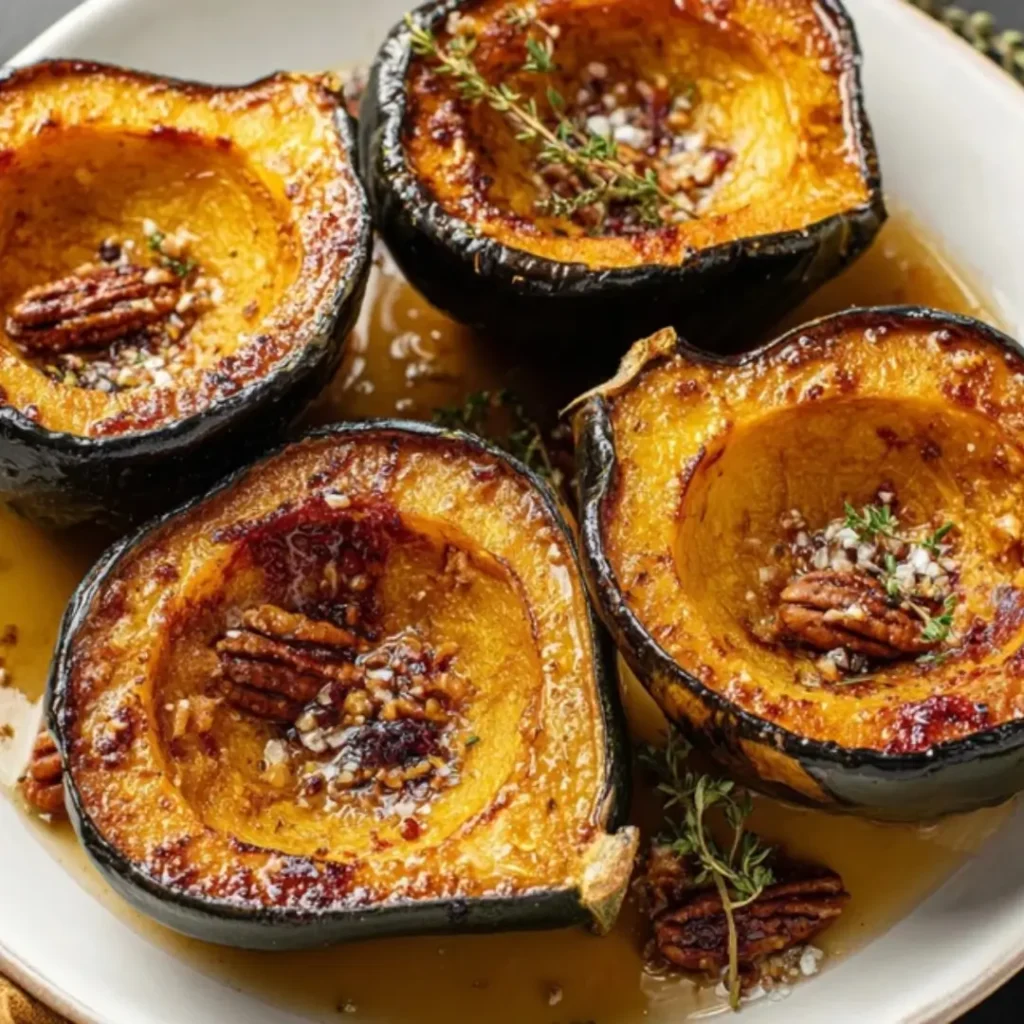 Close-up of four roasted acorn squash halves served in a white bowl, glazed with brown butter and garnished with a pecan half and fresh thyme.