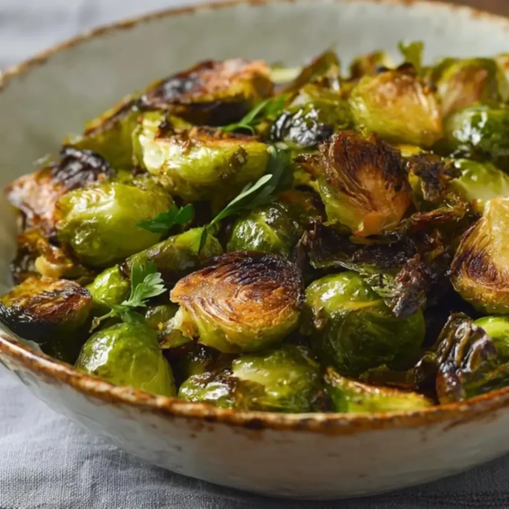 Roasted Brussels sprouts in a rustic bowl, showing caramelized, crispy brown edges and vibrant green interiors.