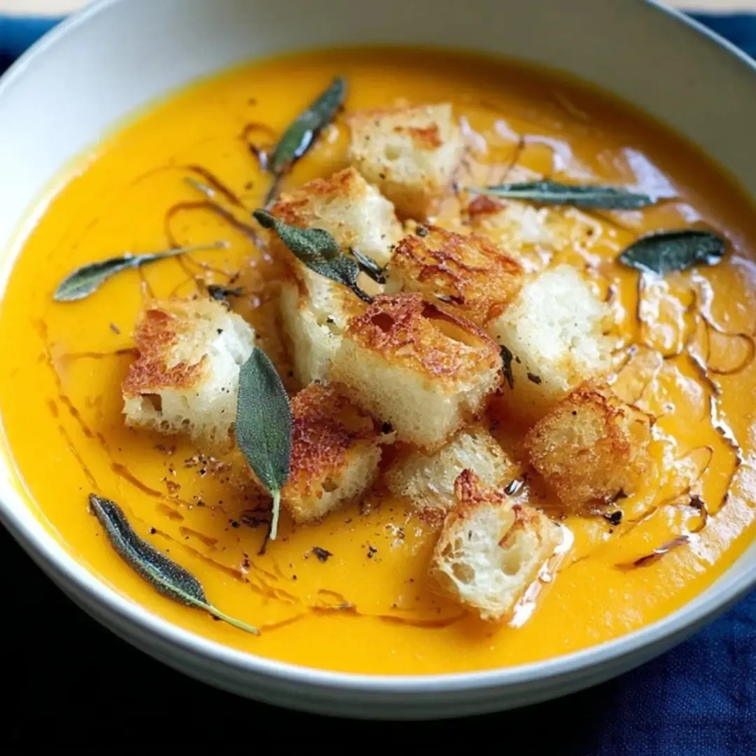 A creamy, bright orange bowl of roasted butternut squash and garlic soup topped with golden brown, crispy homemade croutons and fresh sage leaves, drizzled with olive oil.