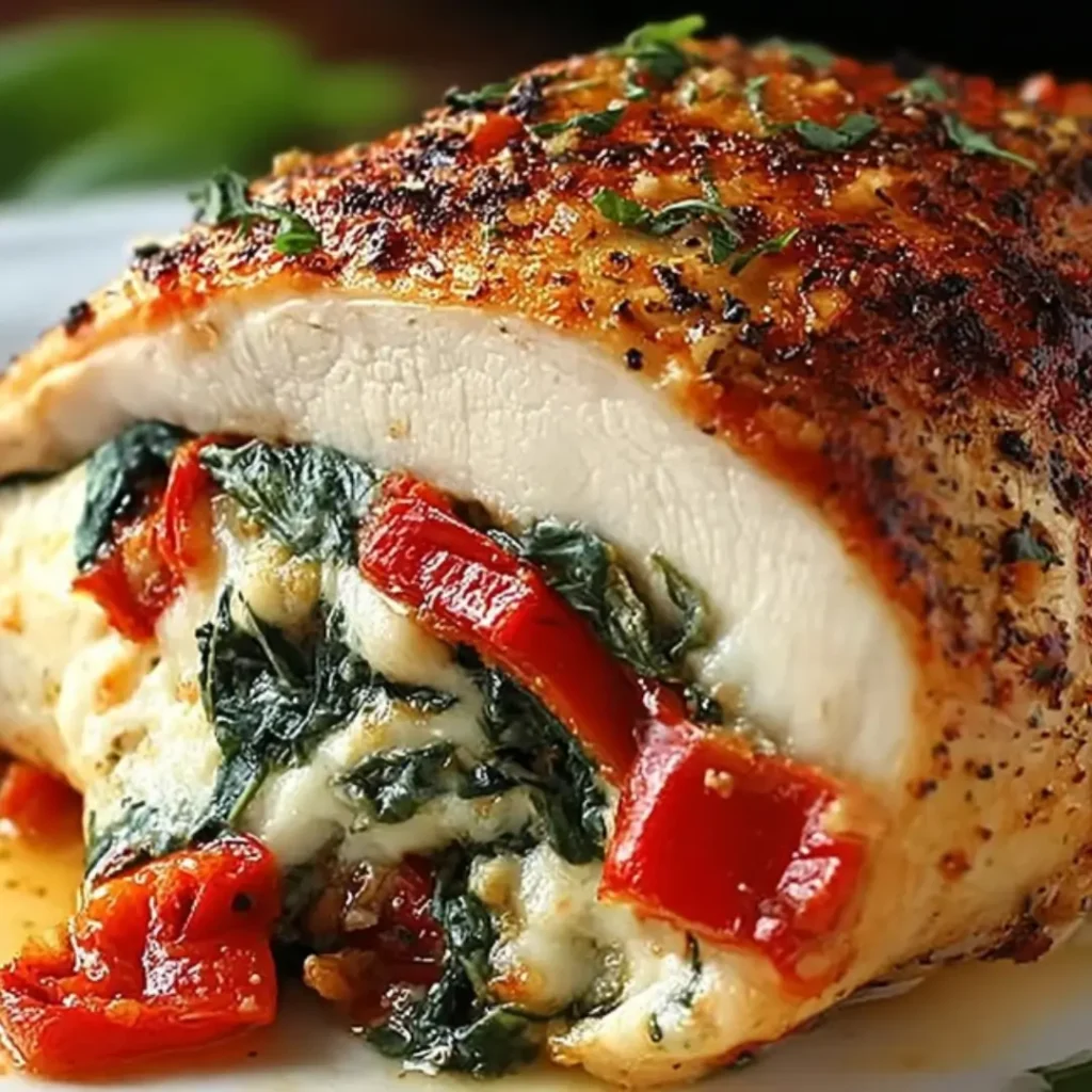 Cross-section of a golden-brown, baked chicken breast stuffed with a rich filling of melted mozzarella cheese, bright red roasted peppers, and sautéed green spinach.