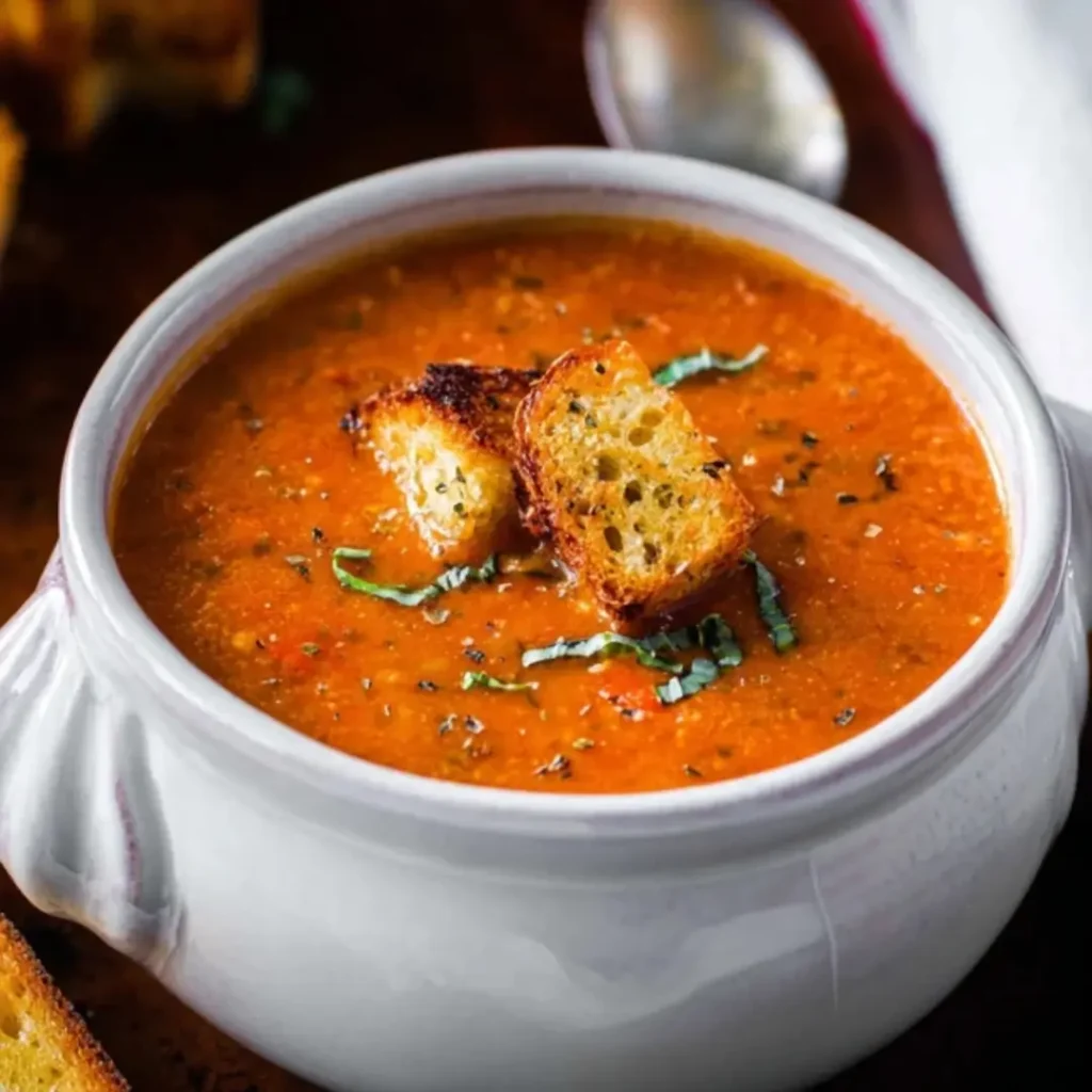 A close-up shot of a white bowl filled with creamy, vibrant orange-red roasted tomato basil soup, topped with small slices of garlic bread croutons and fresh basil slivers.