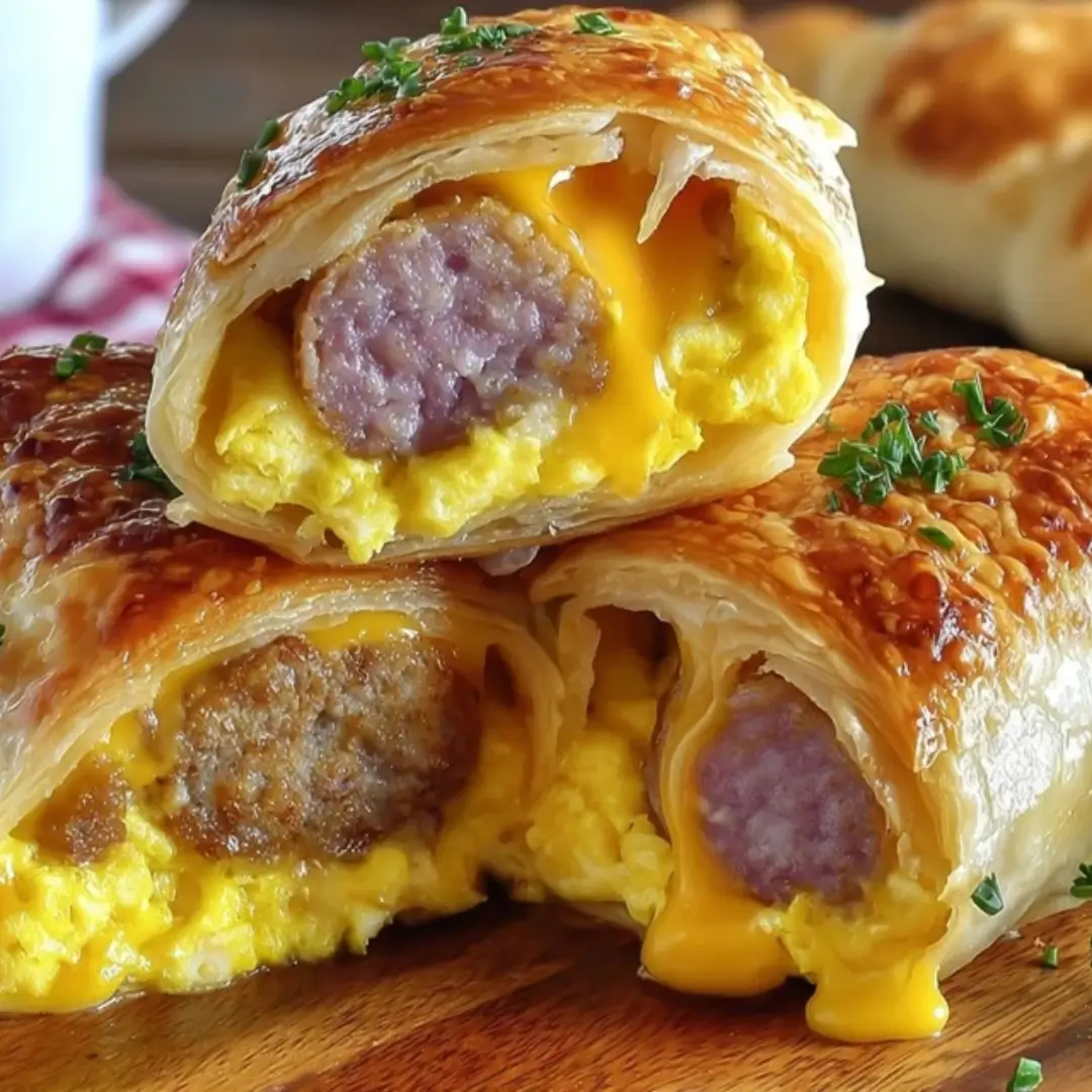 Two flaky, golden-brown crescent roll-ups sliced in half, revealing a hot, melted filling of bright yellow scrambled eggs, savory turkey sausage, and gooey cheddar cheese, garnished with fresh green chives.