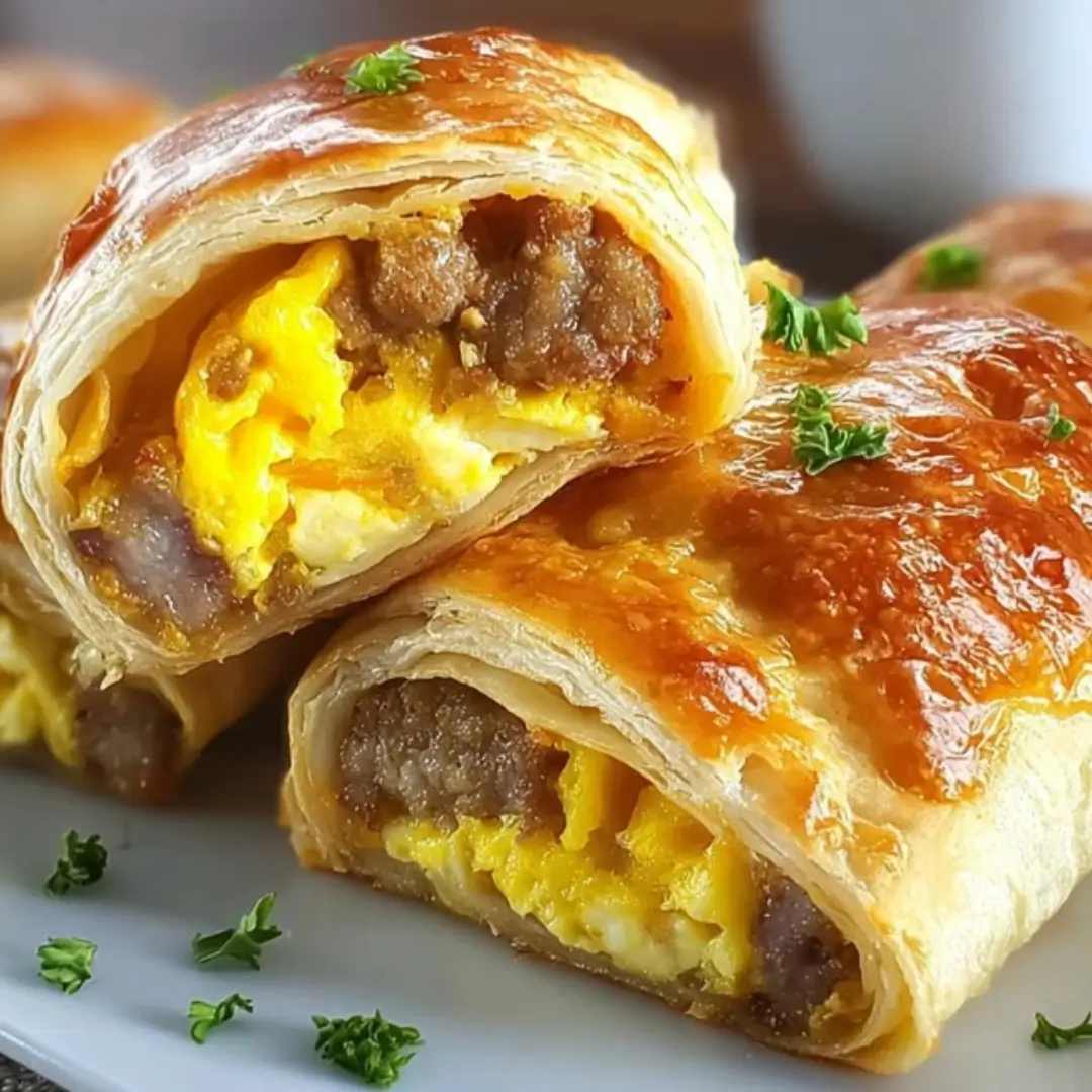 Sausage, Egg, and Cheese Breakfast Roll-Ups cut in half, revealing the fluffy scrambled eggs and savory sausage filling inside a golden, flaky puff pastry crust.