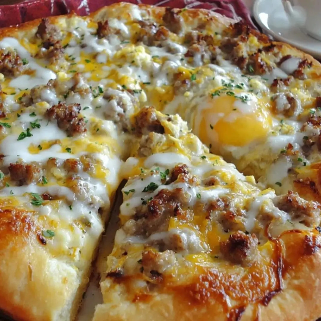A close-up of a homemade sausage gravy breakfast pizza with melted cheese, crumbled sausage, and three perfectly cooked eggs with runny yolks, garnished with fresh parsley.