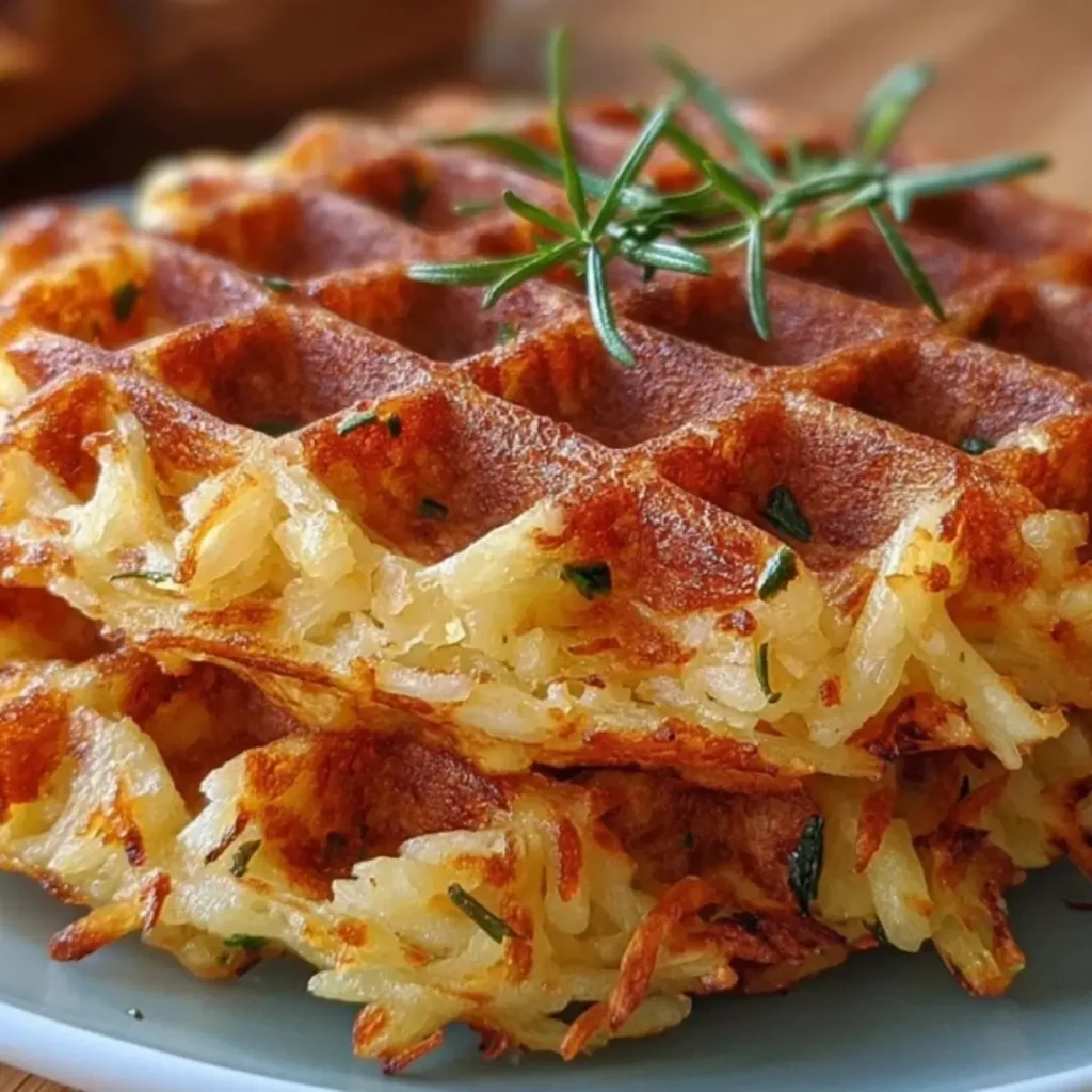 Stack of two crispy, golden-brown Savory Hashbrown Chaffles topped with fresh rosemary and herbs.