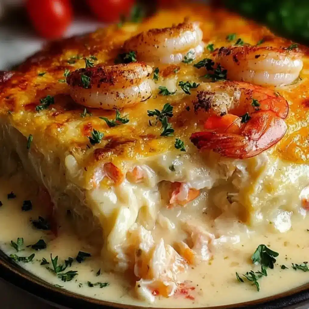 Close-up of a slice of creamy seafood lasagna with visible layers of noodles, rich white sauce, lobster, and shrimp, topped with baked cheese and garnished with fresh parsley.