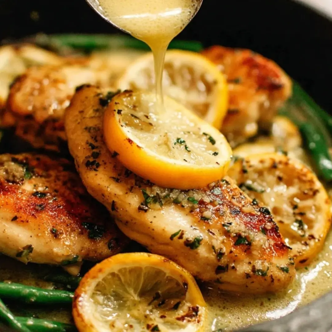 Close-up shot of golden-brown, pan-seared chicken breasts topped with lemon slices and drizzled with a rich, yellow garlic lemon butter sauce in a black skillet. Green beans are visible underneath.