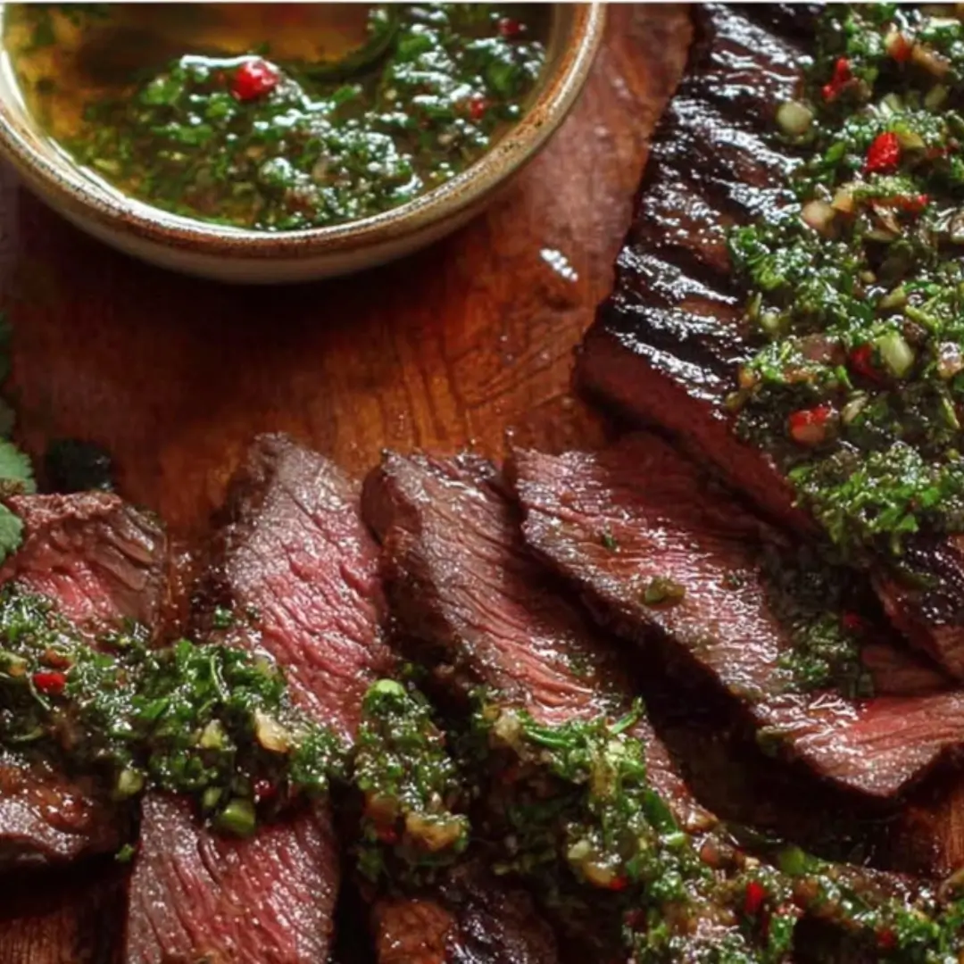 Close-up of medium-rare sliced skirt steak on a wooden board, heavily drizzled with fresh chimichurri and a small bowl of sauce in the corner.
