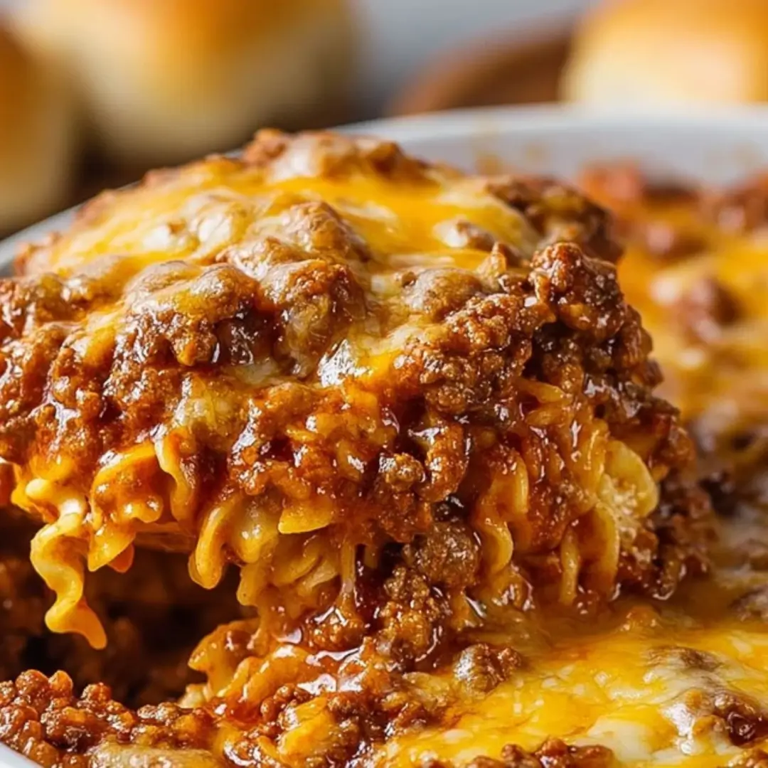 A close-up shot of a spoonful of Sloppy Joe Casserole being lifted from a white baking dish, showing rotini pasta coated in a rich, savory beef sauce and topped with melted, bubbly cheddar and mozzarella cheese.