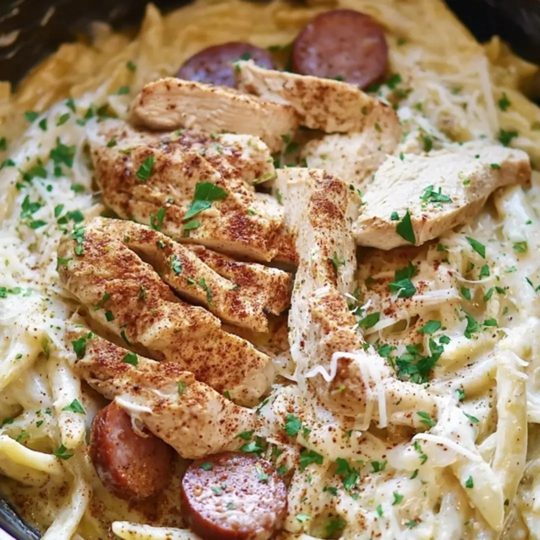 Close-up of creamy Cajun Chicken Alfredo pasta cooked in a slow cooker, topped with sliced, seasoned chicken, shredded Parmesan cheese, chopped parsley, and visible slices of andouille sausage.