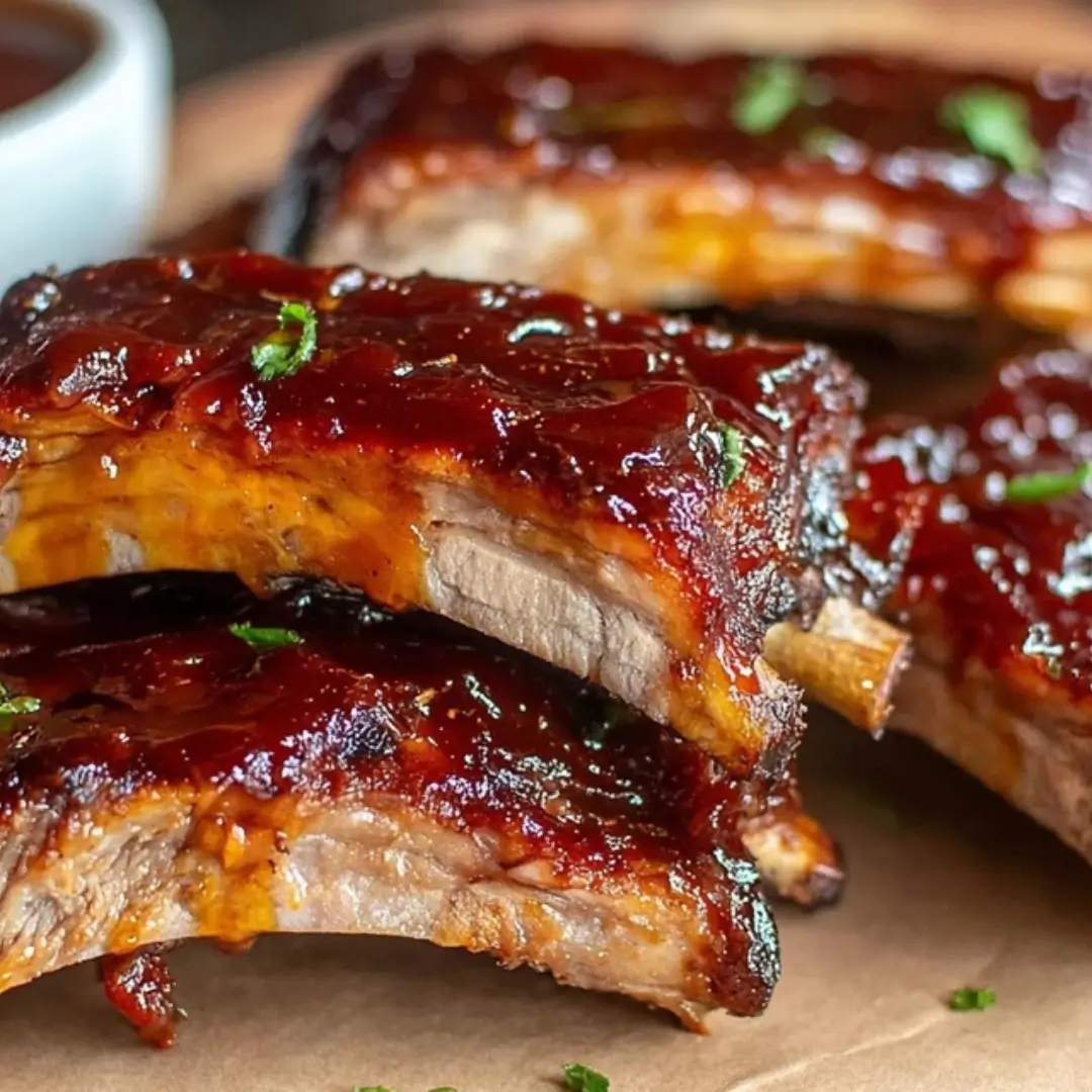 Stack of three beautifully glazed slow cooker beef ribs, covered in a sticky, dark brown barbecue sauce and garnished with chopped parsley, set on brown parchment paper.