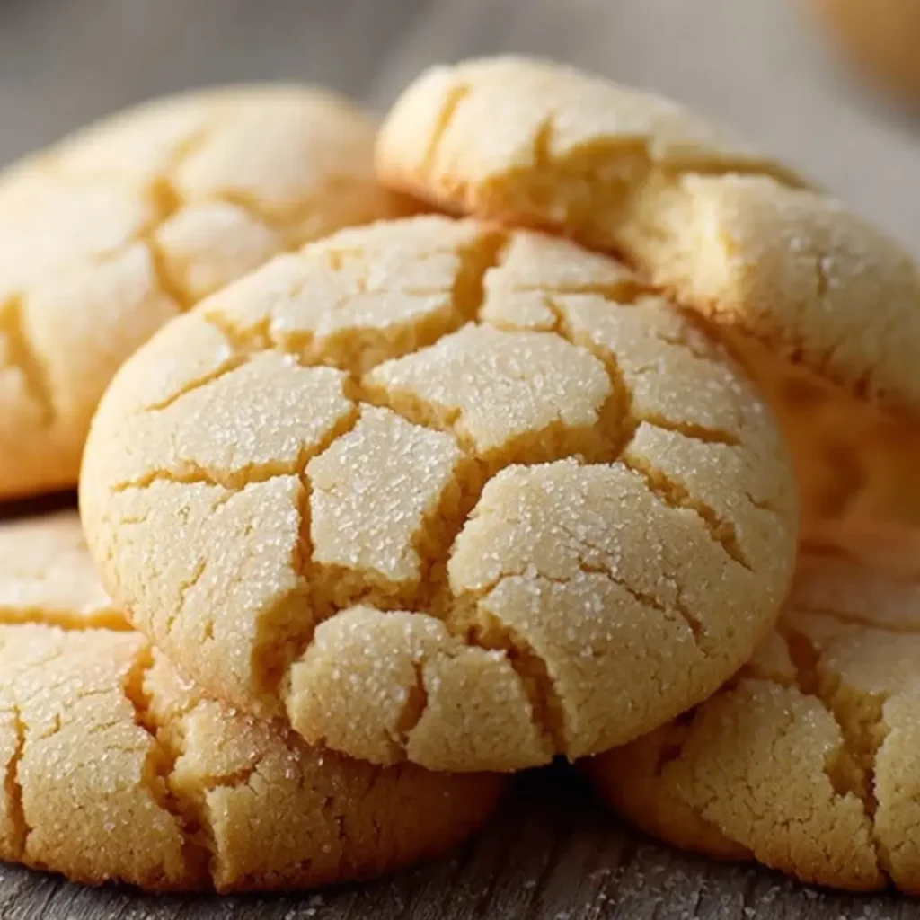 Close-up of stacked soft crackle butter cookies, showing the sugary coating and the distinctive cracks on the surface.