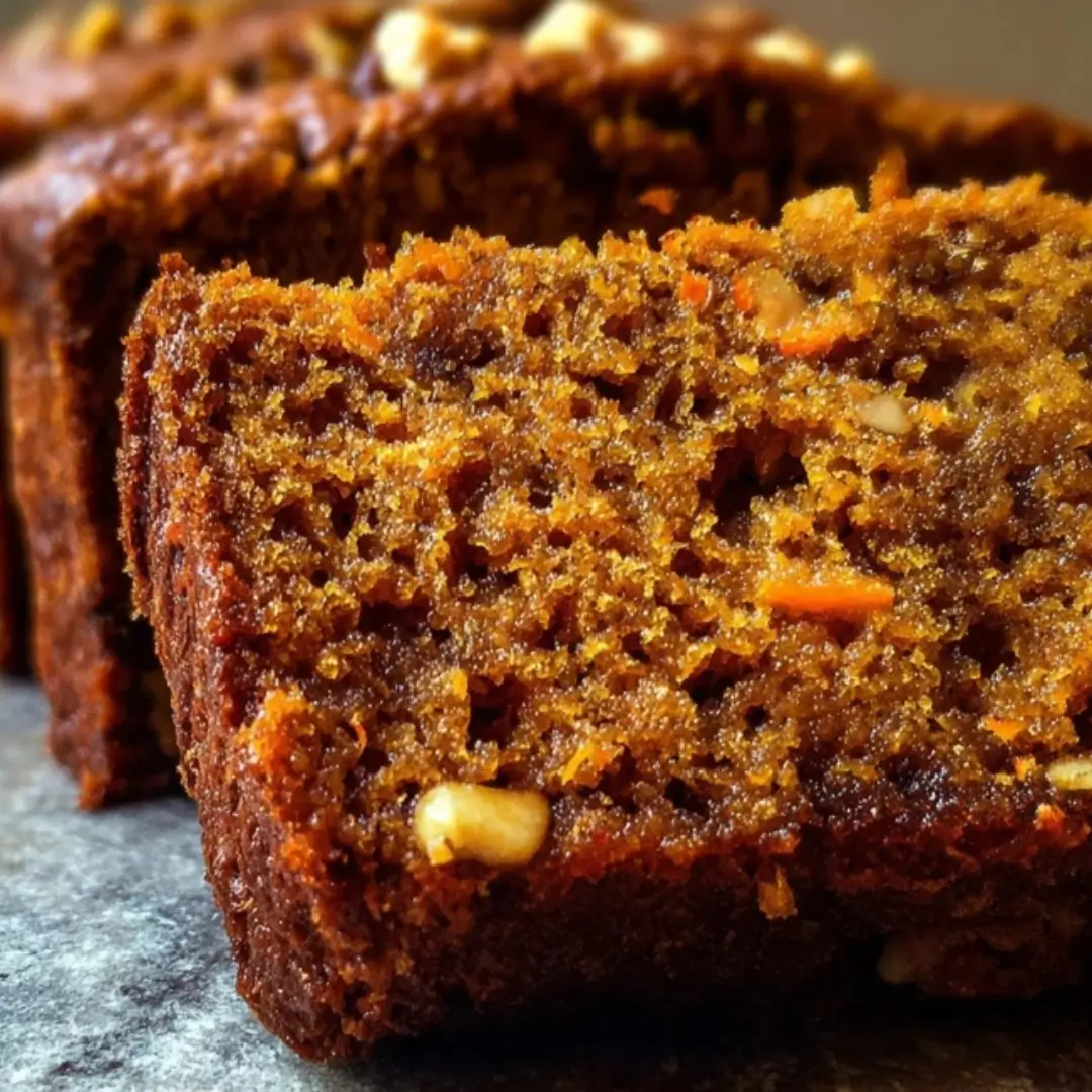 Close-up of a dark, moist slice of Spiced Carrot Walnut Banana Bread, showing visible shredded carrot pieces and chunks of walnut.