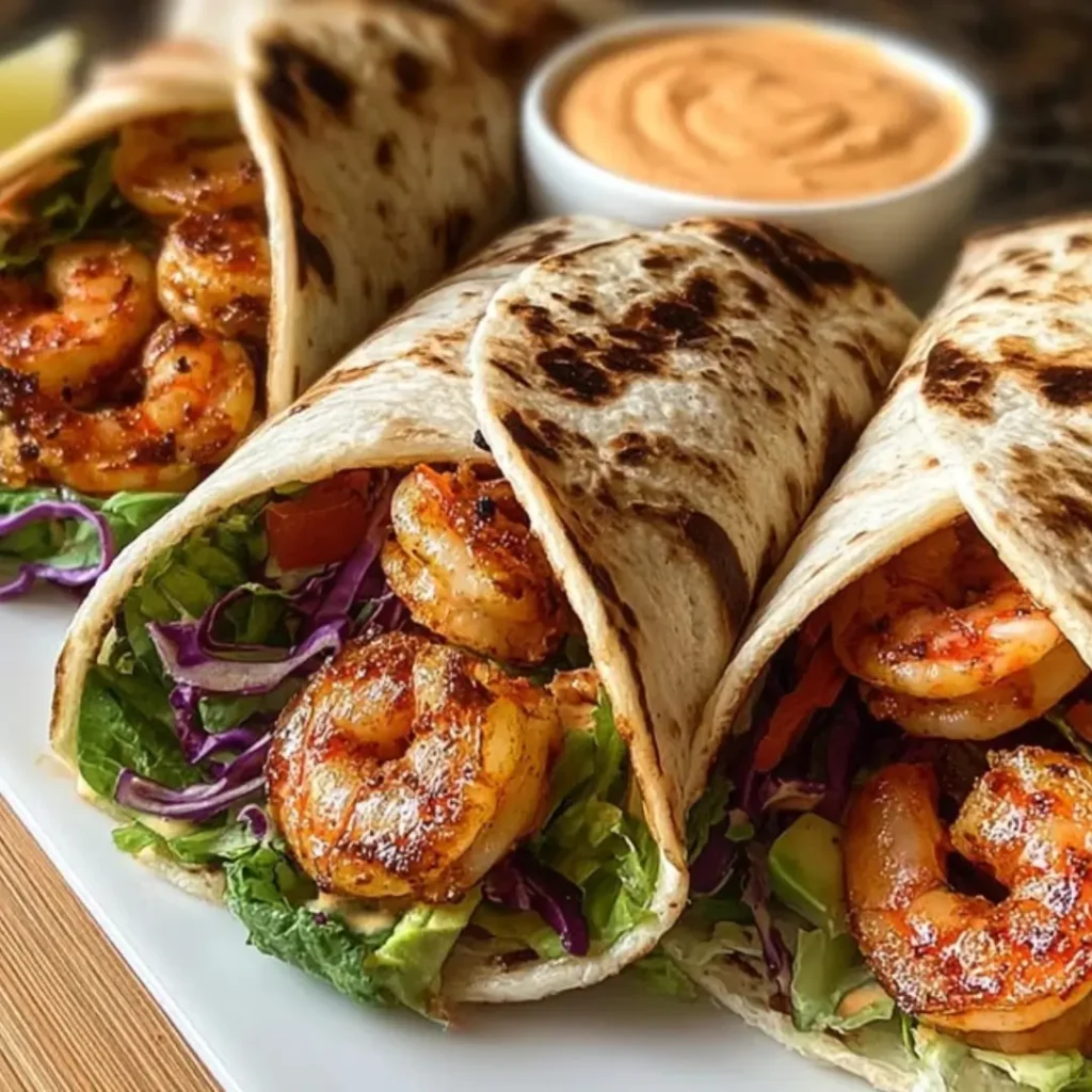 Three open-faced flour tortillas filled with spicy, seasoned grilled shrimp, shredded green lettuce, purple cabbage, avocado slices, and drizzled with creamy chipotle sauce.
