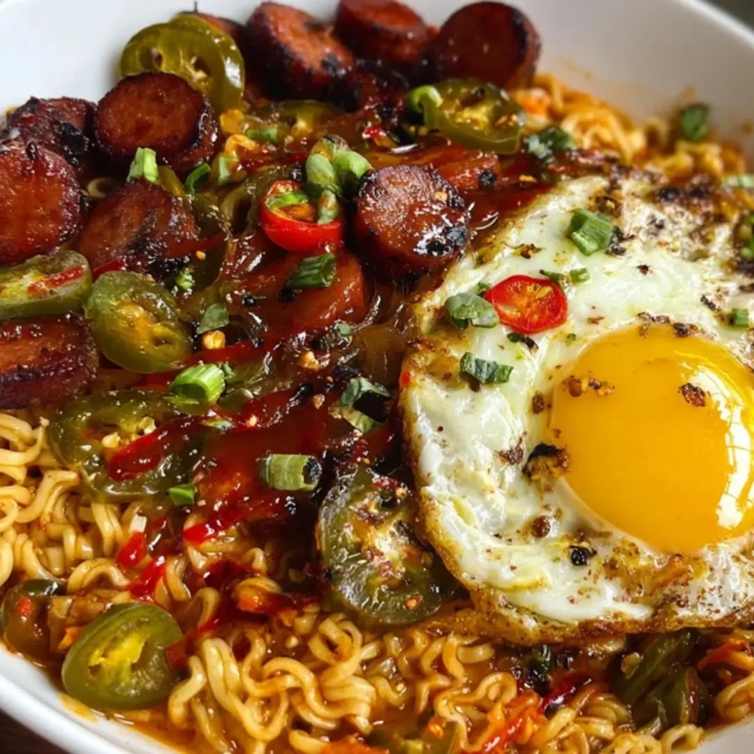 Close-up shot of a bowl of spicy ramen noodles topped with crispy sliced turkey sausage, bright green jalapeño slices, chopped red chili, green onions, and a perfectly fried egg with a sunny, runny yolk.