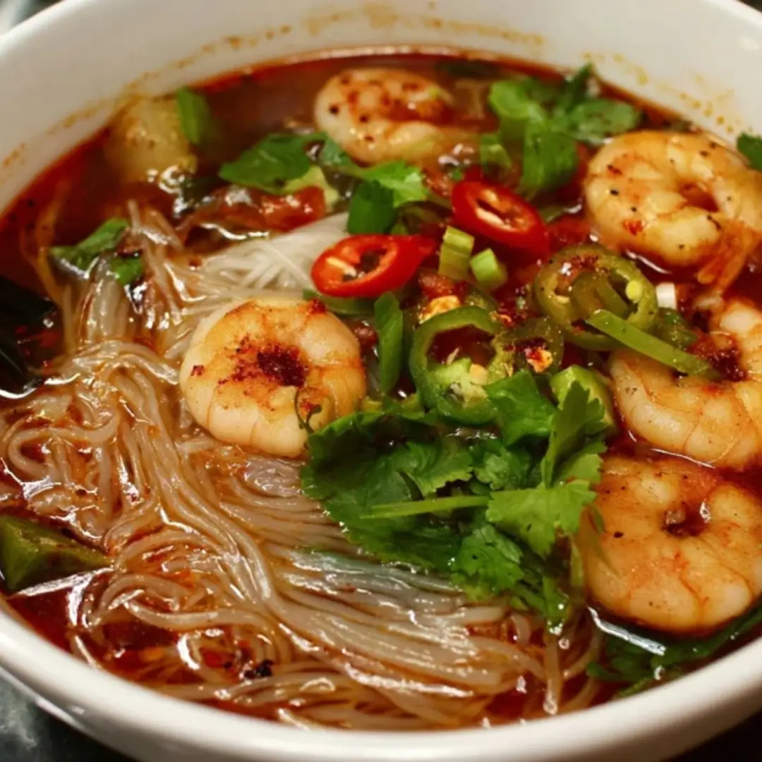 Close-up shot of a white bowl filled with Spicy Shrimp Pho, featuring rice noodles, a rich red broth, whole cooked shrimp, and fresh garnishes like cilantro and sliced green chili peppers.