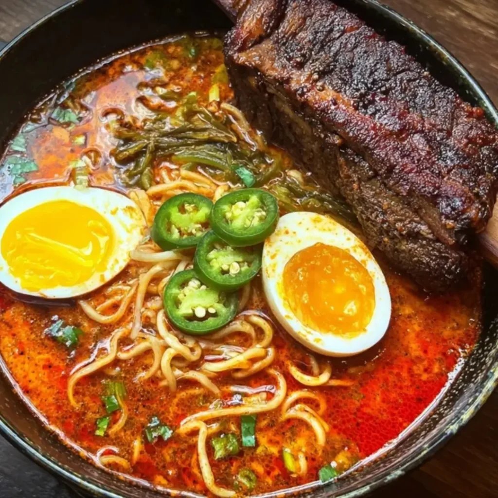 A close-up shot of a bowl of spicy ramen featuring a rich, reddish-orange broth, ramen noodles, and a large, whole smoked beef short rib on top. The bowl is garnished with two halved soft-boiled eggs (with jammy yolks), thinly sliced jalapeños, and chopped scallions.