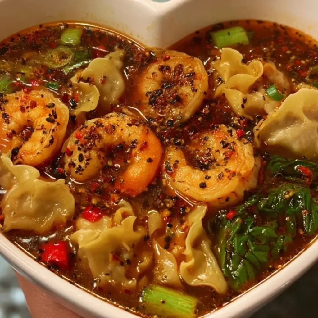 Close-up of Spicy Steak and Shrimp Wonton Soup served in a white heart-shaped bowl, showing whole shrimp, wontons, green onions, and chili oil flakes on a dark, rich broth.