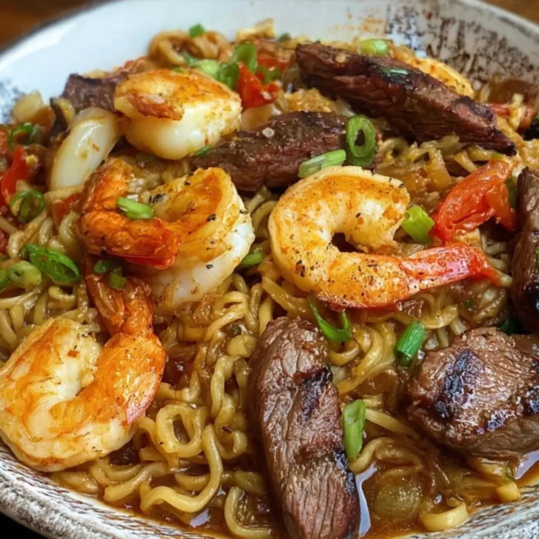 Close-up shot of a bowl of glossy rice noodles tossed in brown sauce, topped with seared flank steak slices, perfectly cooked pink shrimp, red bell pepper pieces, and garnished with chopped green onions and sesame seeds.