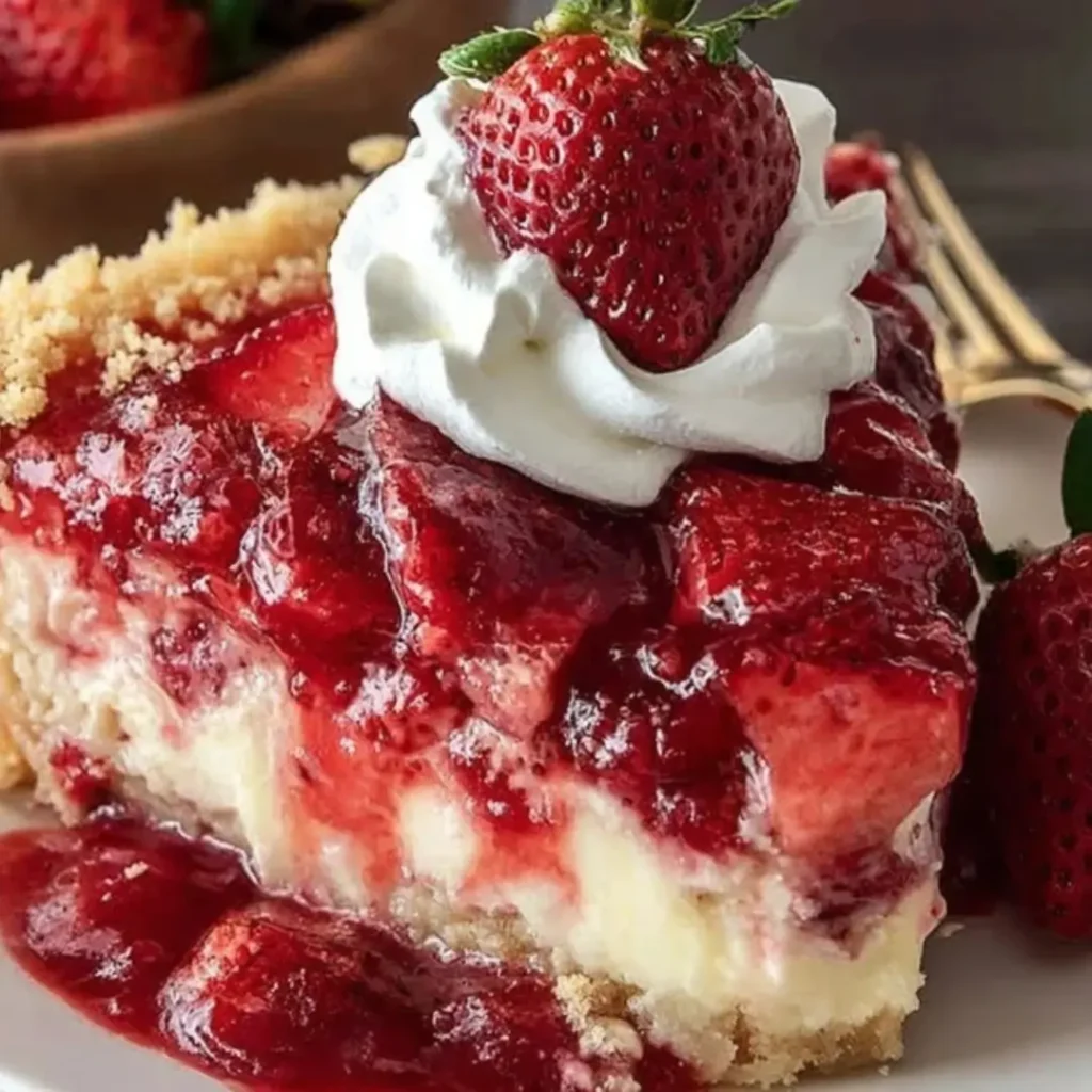 Slice of Strawberry Cheesecake Dump Cake with a creamy filling, graham cracker crust, thick strawberry topping, and whipped cream.