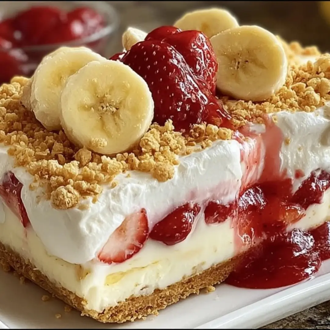 A slice of layered strawberry crunch cheesecake and banana pudding hybrid dessert. It has a cookie crust, creamy vanilla filling, whipped cream, fresh strawberries, banana slices, and a crumb topping, drizzled with strawberry sauce.