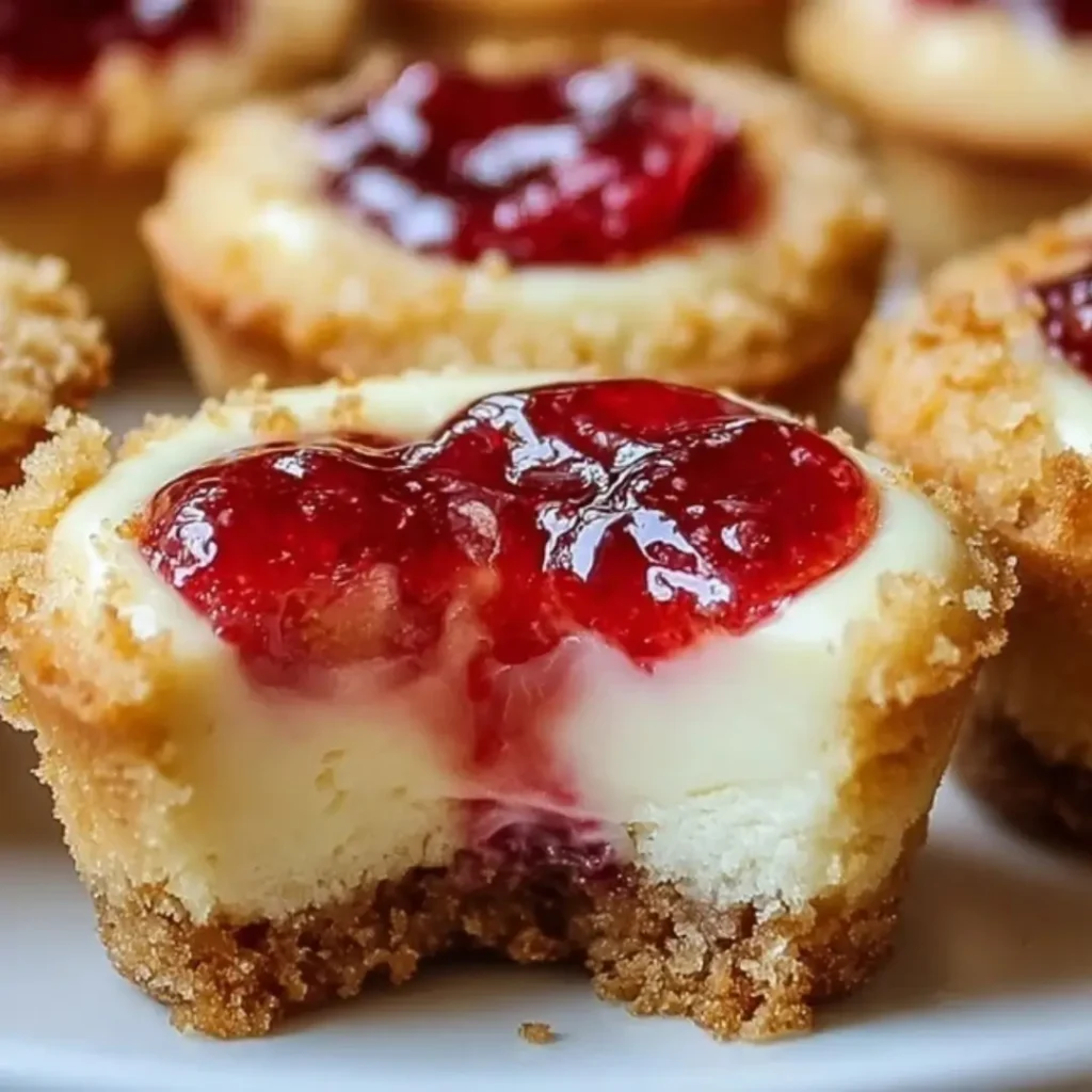 A close-up of a Strawberry Jam Cheesecake Cookie Cup with a bite taken out, clearly showing the three layers: a golden-brown cookie base, a creamy white cheesecake filling, and a glossy red strawberry jam topping.