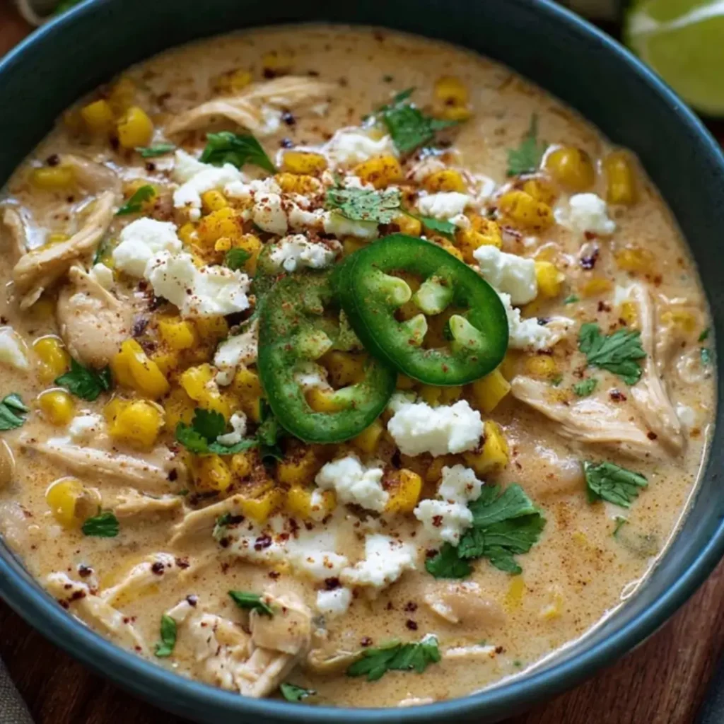 A rich, creamy bowl of white chicken chili topped with bright yellow corn kernels, crumbled white cotija cheese, fresh green cilantro, and two slices of jalapeño pepper. The chili has shredded chicken visible and is served in a dark blue bowl.