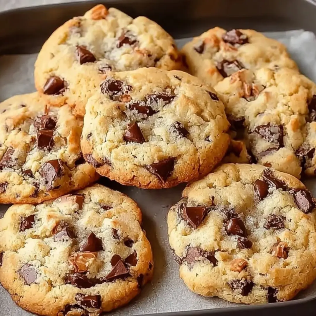Sweet Chocolate Chip and Toffee Shortbread Cookies stacked on a baking sheet.